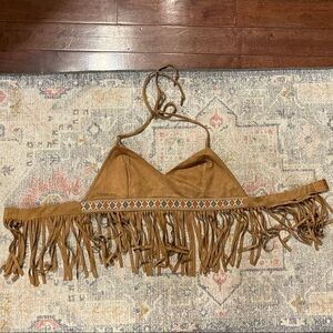 APeach Fringed Tan Halter Top size L